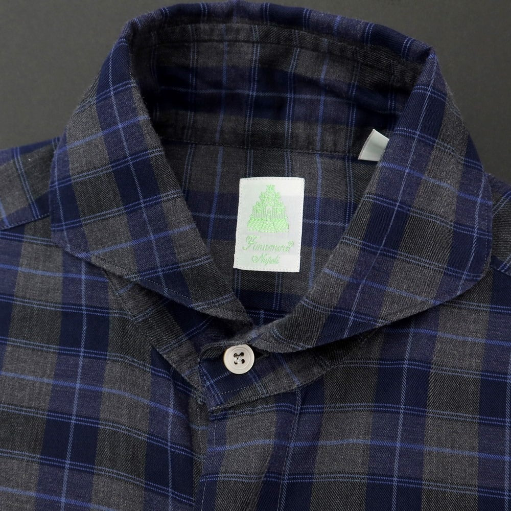 [Used] Finamore Cotton Check Horizontal Collar Casual Shirt Gray x Navy [S] [Condition Rank B] [Men&