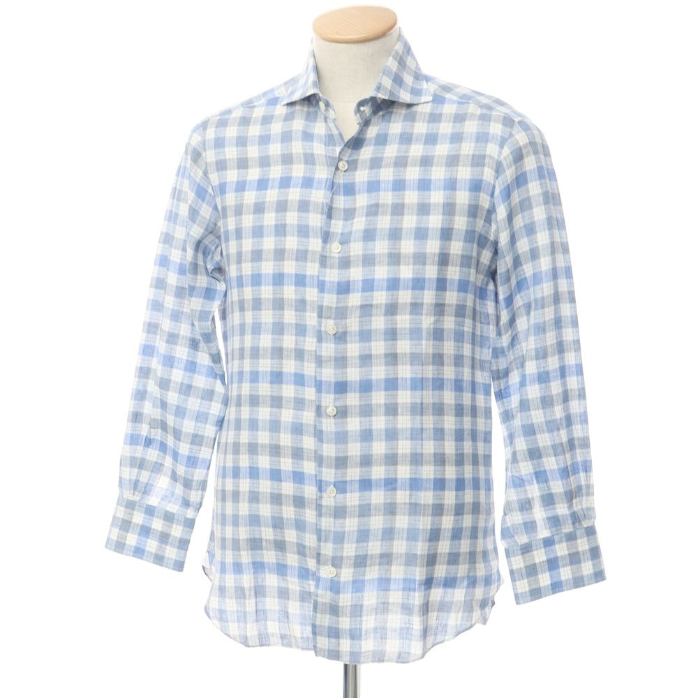 [Used] BARBA Linen Check Wide Collar Casual Shirt Blue x Gray [38] [Condition Rank B] [Men&