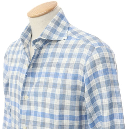 [Used] BARBA Linen Check Wide Collar Casual Shirt Blue x Gray [38] [Condition Rank B] [Men&