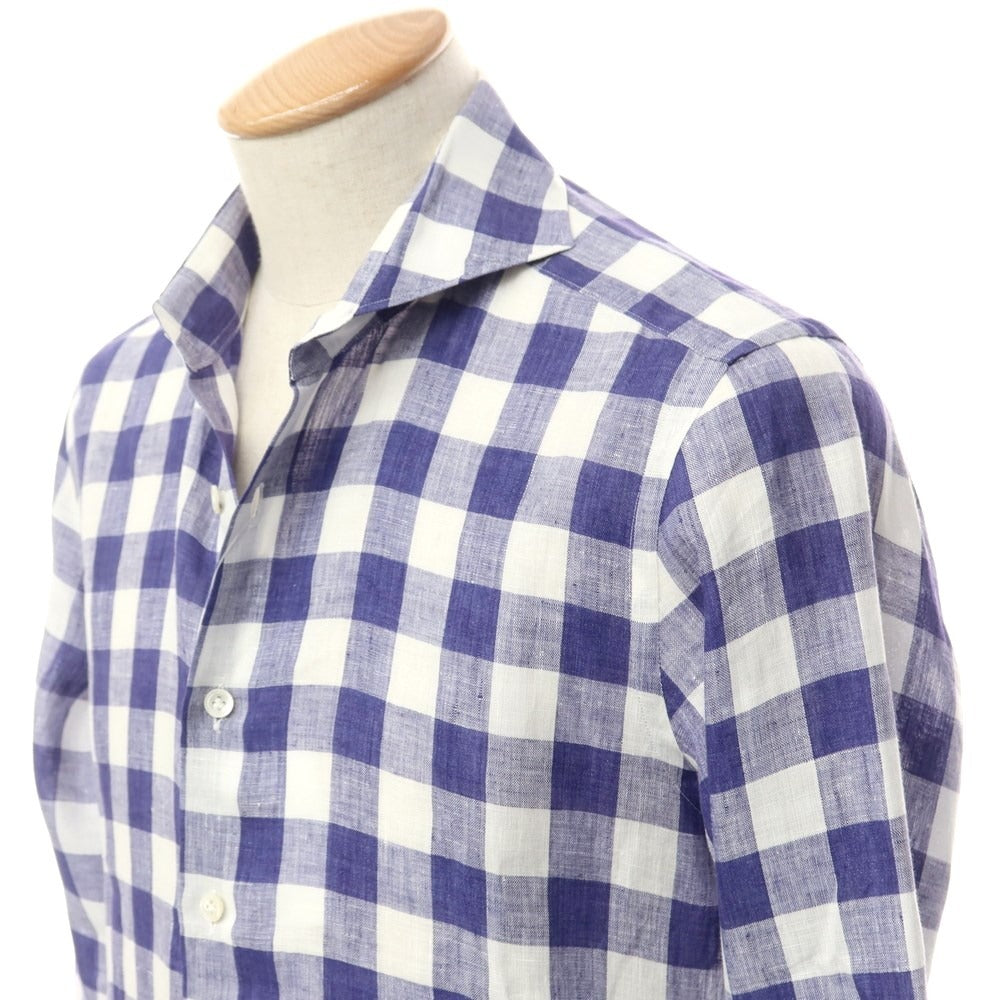 [Used] Nano Universe Linen Check Horizontal Collar Casual Shirt Navy x White [44] [Condition Rank B] [Men&