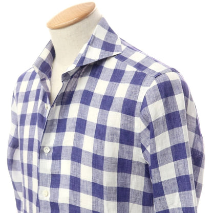 [Used] Nano Universe Linen Check Horizontal Collar Casual Shirt Navy x White [44] [Condition Rank B] [Men&