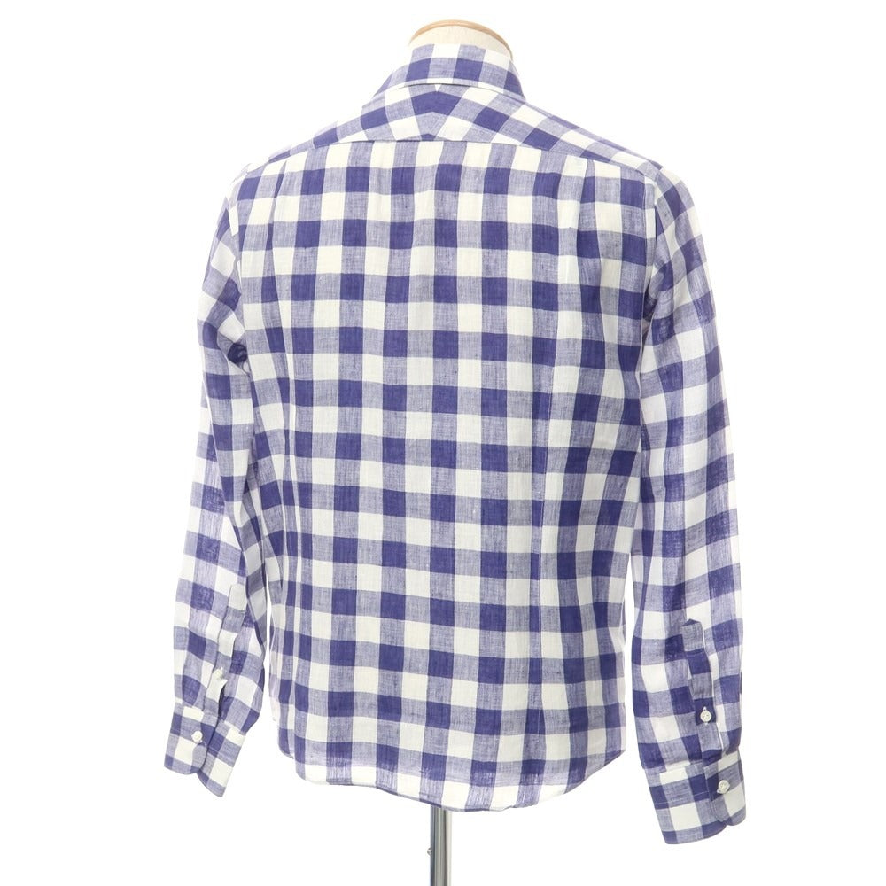 [Used] Nano Universe Linen Check Horizontal Collar Casual Shirt Navy x White [44] [Condition Rank B] [Men&