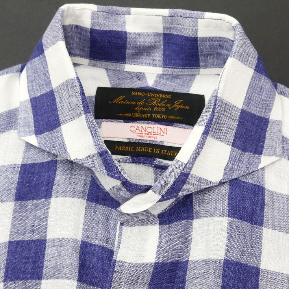 [Used] Nano Universe Linen Check Horizontal Collar Casual Shirt Navy x White [44] [Condition Rank B] [Men&