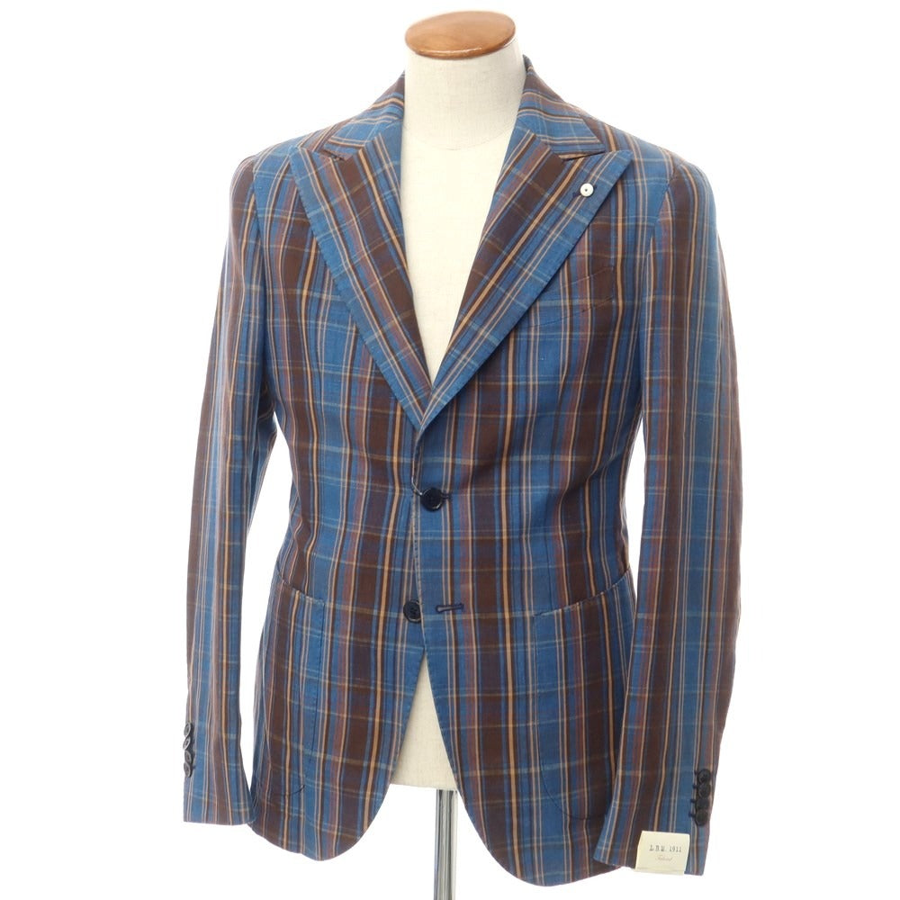 [New] LBM1911 Cotton Linen Check Casual Jacket Light Navy x Brown [48] [Condition Rank N] [Men&