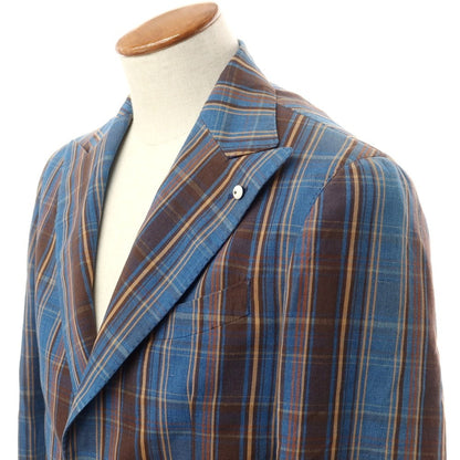 [New] LBM1911 Cotton Linen Check Casual Jacket Light Navy x Brown [48] [Condition Rank N] [Men&