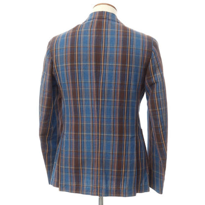 [New] LBM1911 Cotton Linen Check Casual Jacket Light Navy x Brown [48] [Condition Rank N] [Men&