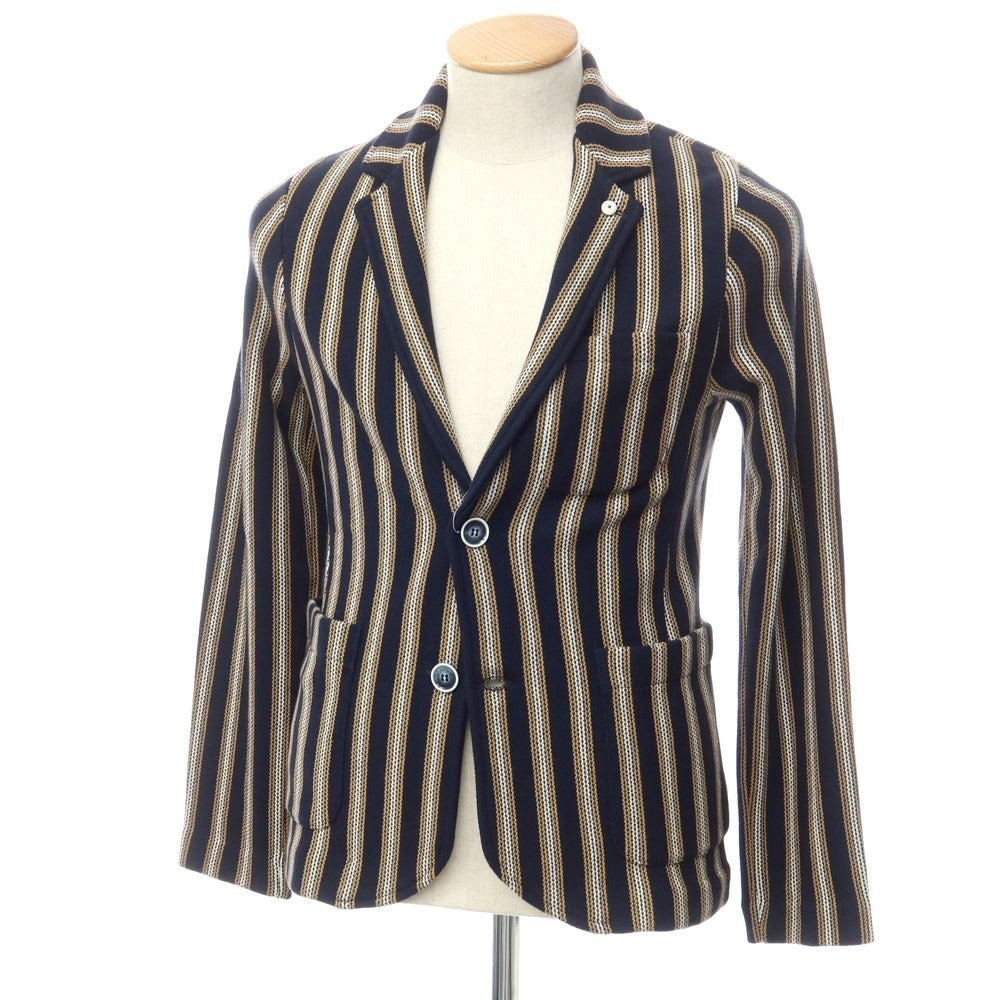 [New] LBM1911 Mid-gauge cotton striped knit jacket Navy x brown beige [44] [Condition rank N] [Men&