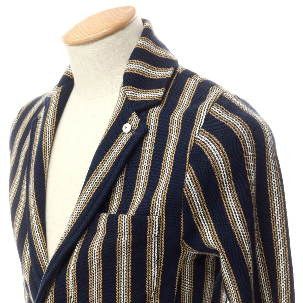 [New] LBM1911 Mid-gauge cotton striped knit jacket Navy x brown beige [44] [Condition rank N] [Men&