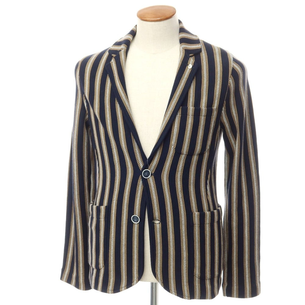 [New] LBM1911 Mid-gauge cotton striped knit jacket Navy x brown beige [46] [Condition rank N] [Men&