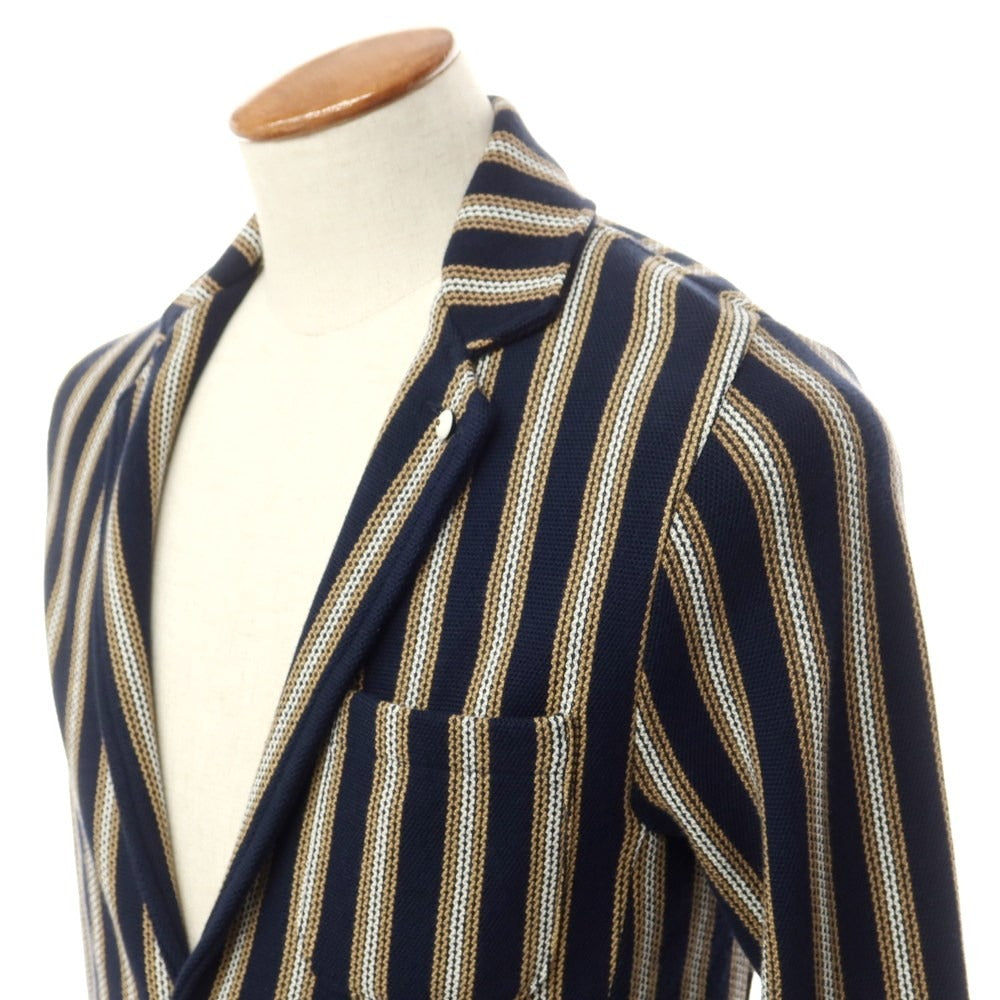 [New] LBM1911 Mid-gauge cotton striped knit jacket Navy x brown beige [46] [Condition rank N] [Men&