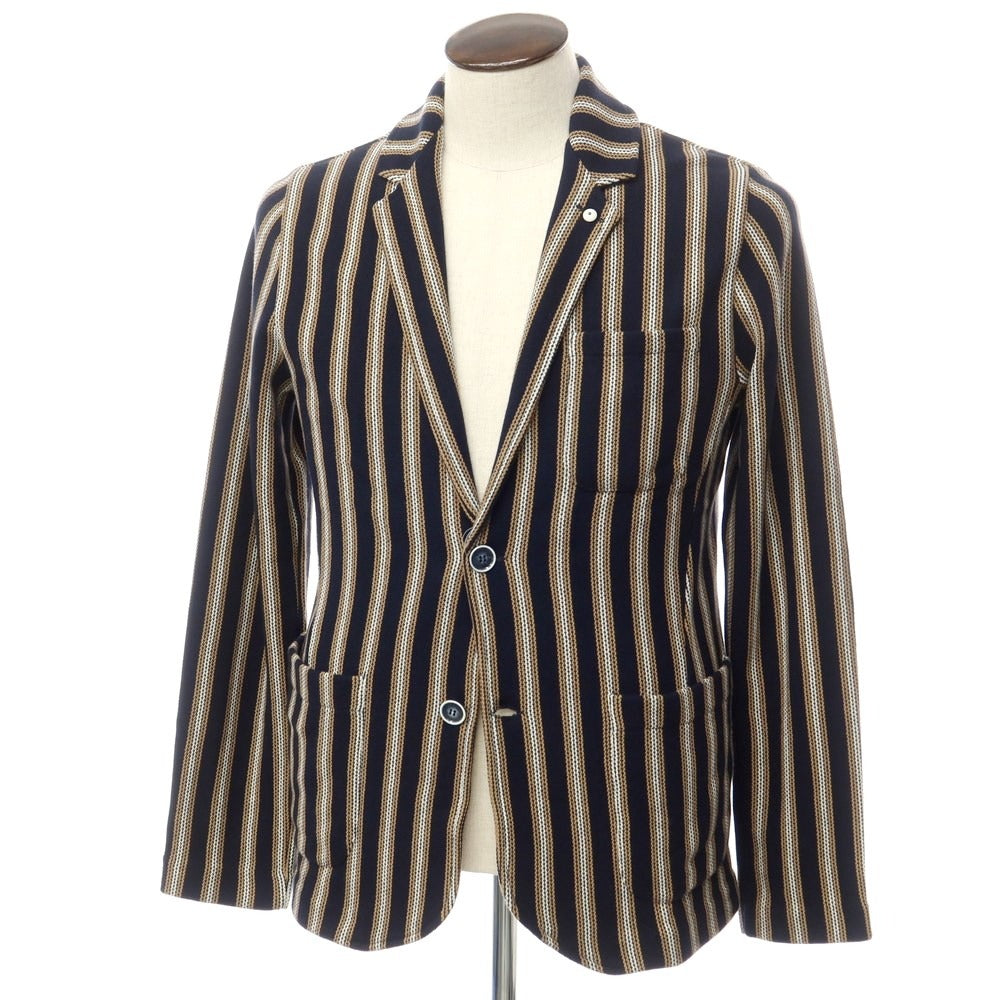 [New] LBM1911 Mid-gauge cotton striped knit jacket Navy x brown beige [52] [Condition rank N] [Men&