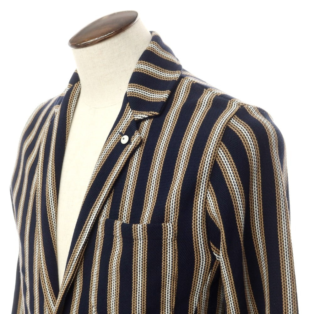 [New] LBM1911 Mid-gauge cotton striped knit jacket Navy x brown beige [52] [Condition rank N] [Men&