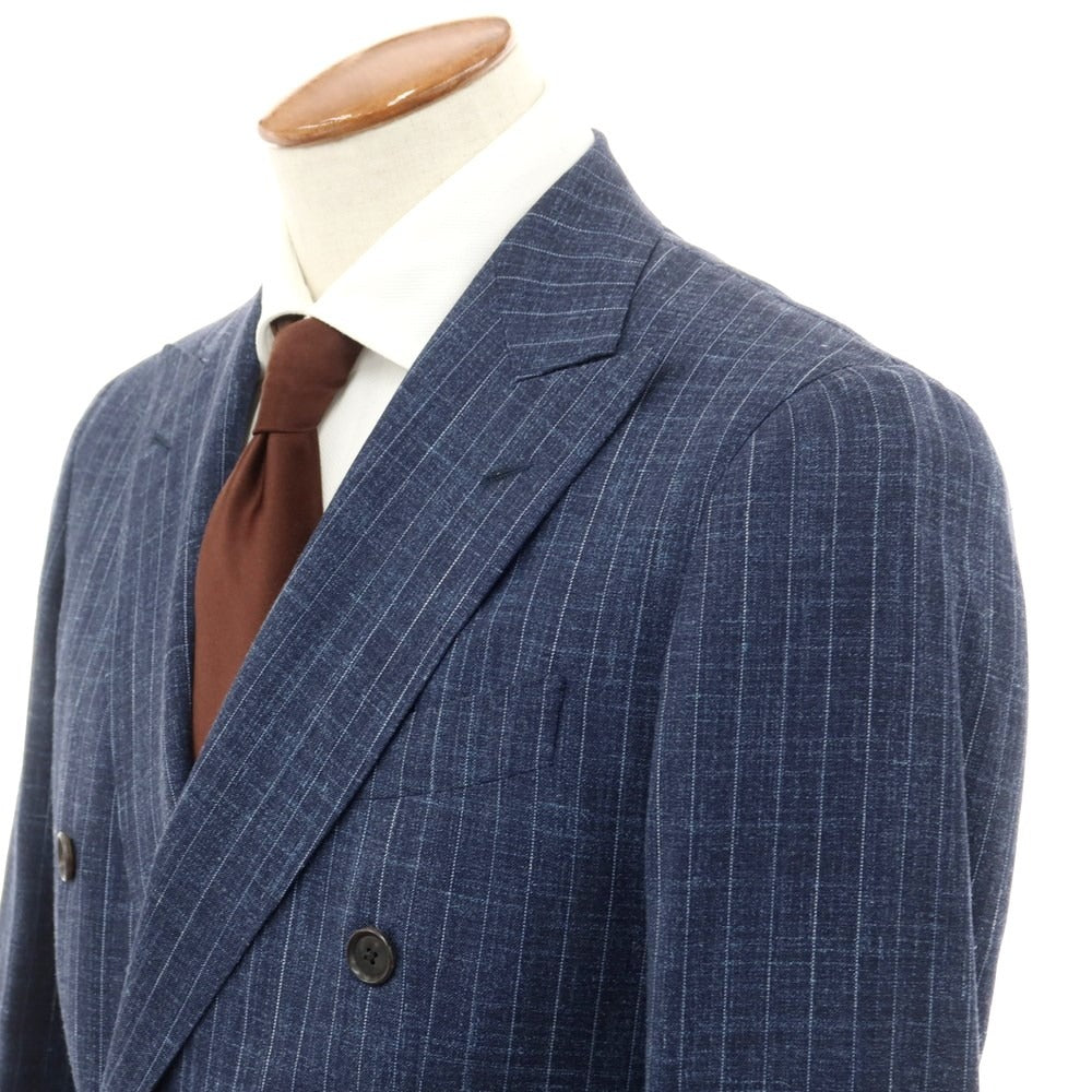 [Used] Custom Tailor BEAMS Wool Silk Linen Striped Double Breasted Suit Navy [M] [Condition Rank D] [Men&