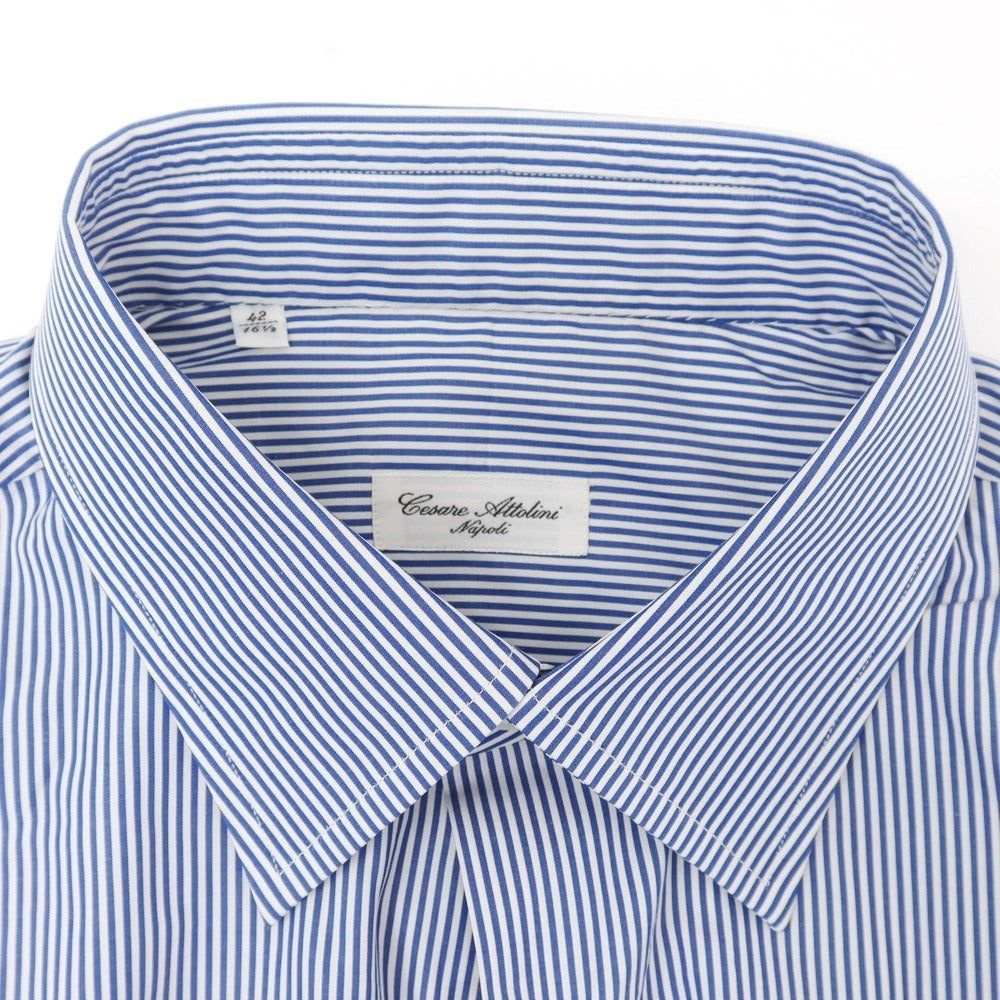 [Used] [Unused] Cesare Attolini Broad Cotton Striped Dress Shirt Navy x White [42] [Condition Rank S] [Men&