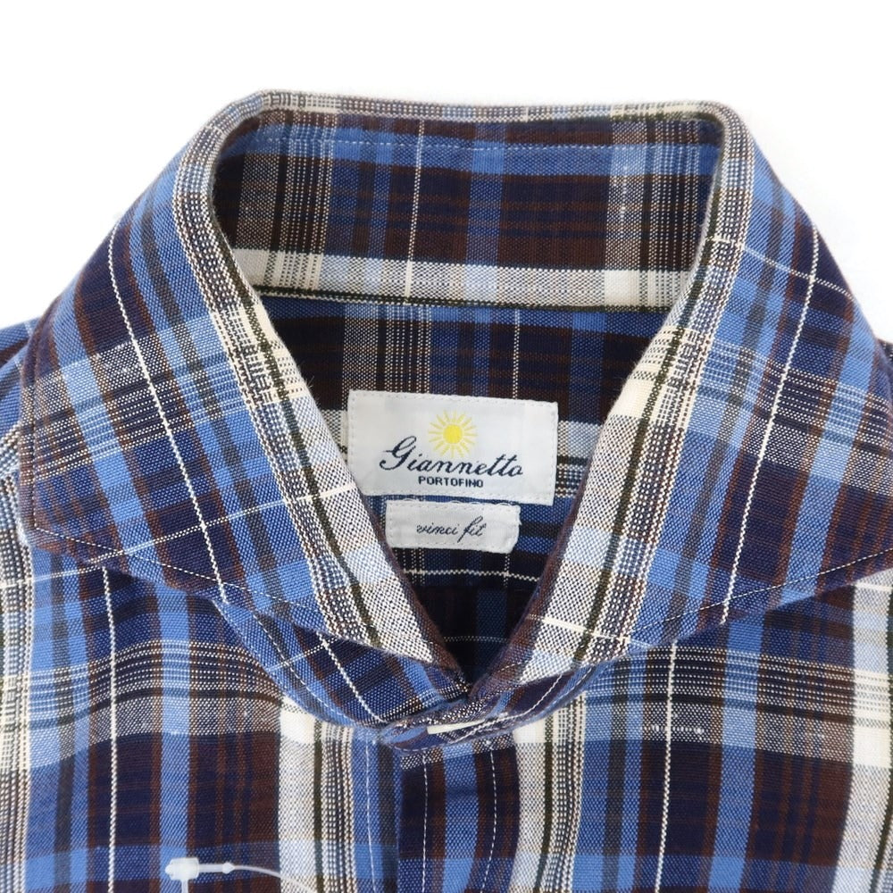 [Used] Giannetto Cotton Check Horizontal Collar Casual Shirt Navy [XS] [Condition Rank B] ​​[Men&