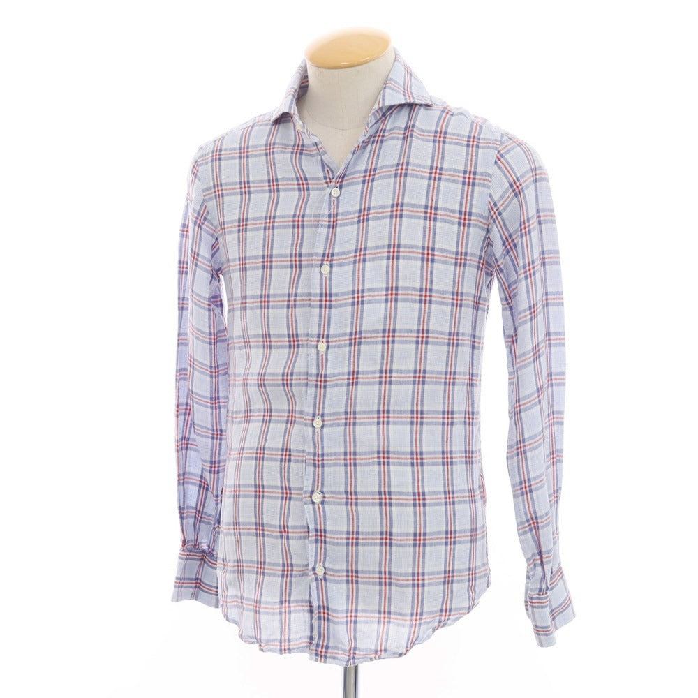 [Used] SHIPS Linen Check Wide Collar Casual Shirt Blue x White [S] [Condition Rank B] ​​[Men&