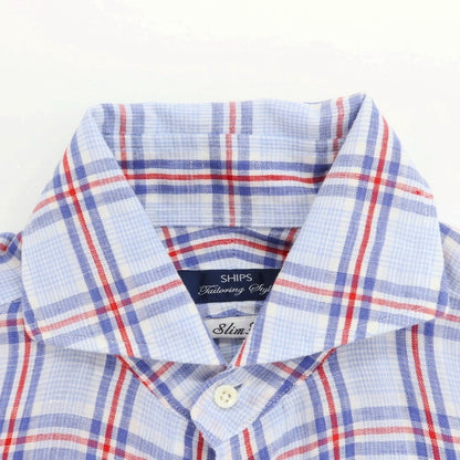 [Used] SHIPS Linen Check Wide Collar Casual Shirt Blue x White [S] [Condition Rank B] ​​[Men&