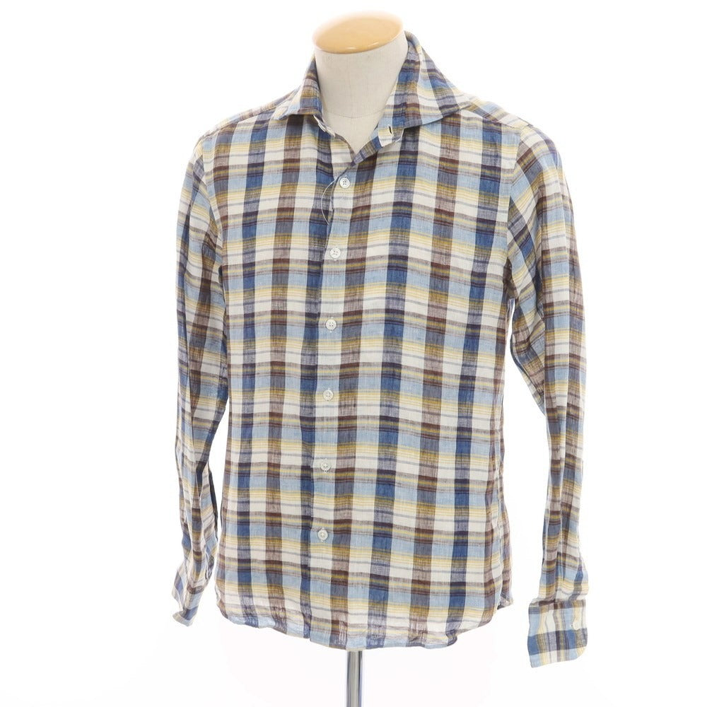 [Used] EDIFICE Linen Check Wide Collar Casual Shirt Brown x Navy [44] [Condition Rank B] ​​[Men&