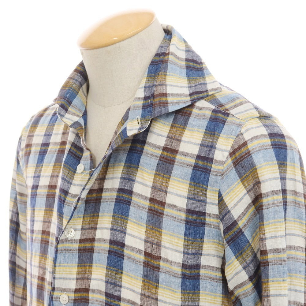 [Used] EDIFICE Linen Check Wide Collar Casual Shirt Brown x Navy [44] [Condition Rank B] ​​[Men&