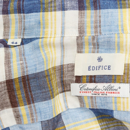 [Used] EDIFICE Linen Check Wide Collar Casual Shirt Brown x Navy [44] [Condition Rank B] ​​[Men&