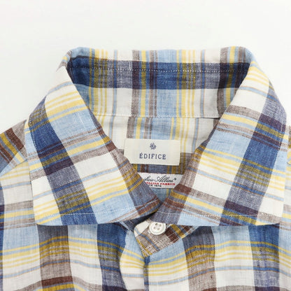 [Used] EDIFICE Linen Check Wide Collar Casual Shirt Brown x Navy [44] [Condition Rank B] ​​[Men&