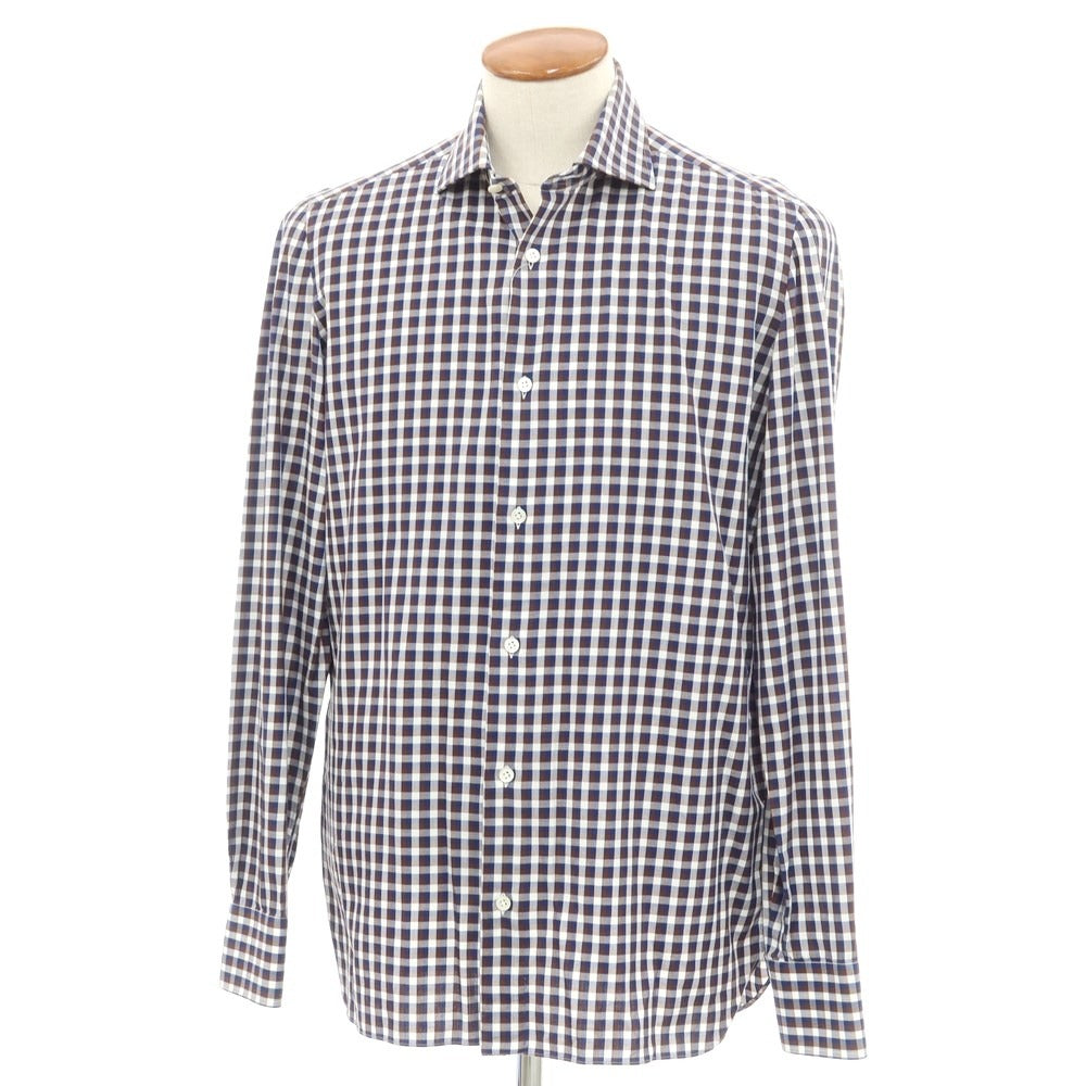 [Used] Luigi Borrelli Cotton Check Wide Collar Casual Shirt Brown x Navy [39] [Condition Rank B] ​​[Men&