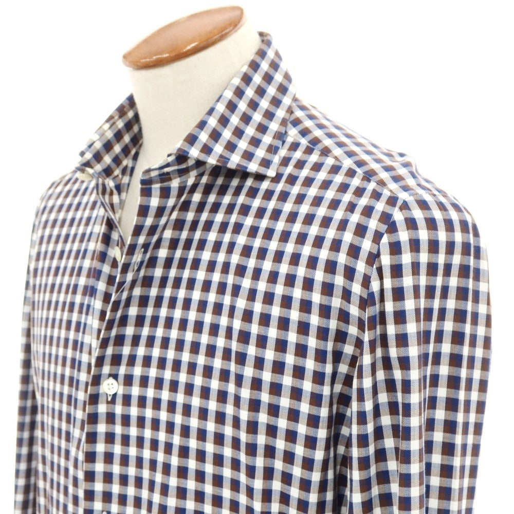 [Used] Luigi Borrelli Cotton Check Wide Collar Casual Shirt Brown x Navy [39] [Condition Rank B] ​​[Men&