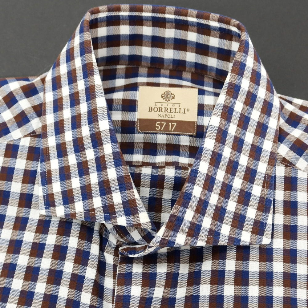 [Used] Luigi Borrelli Cotton Check Wide Collar Casual Shirt Brown x Navy [39] [Condition Rank B] ​​[Men&