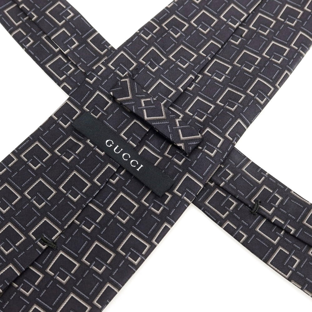 【中古】グッチ GUCCI シルク プリント ネクタイ ブラックxグレー【 状態ランクA 】【 メンズ 】