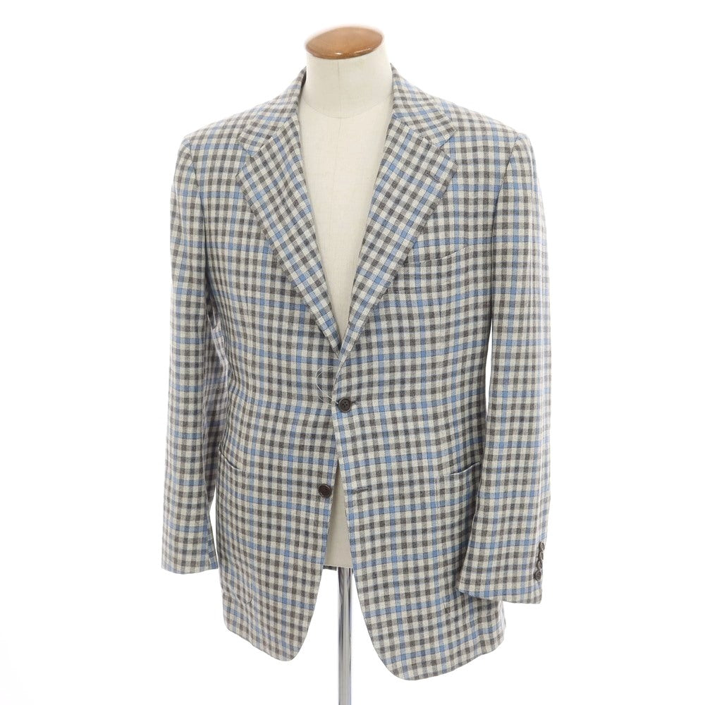 [Used] Kiton Cashmere Linen Silk Check Tailored Jacket Oatmeal x Gray x Light Blue [48 Drop7R] [Condition Rank A] [Men&