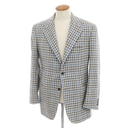 [Used] Kiton Cashmere Linen Silk Check Tailored Jacket Oatmeal x Gray x Light Blue [48 Drop7R] [Condition Rank A] [Men&