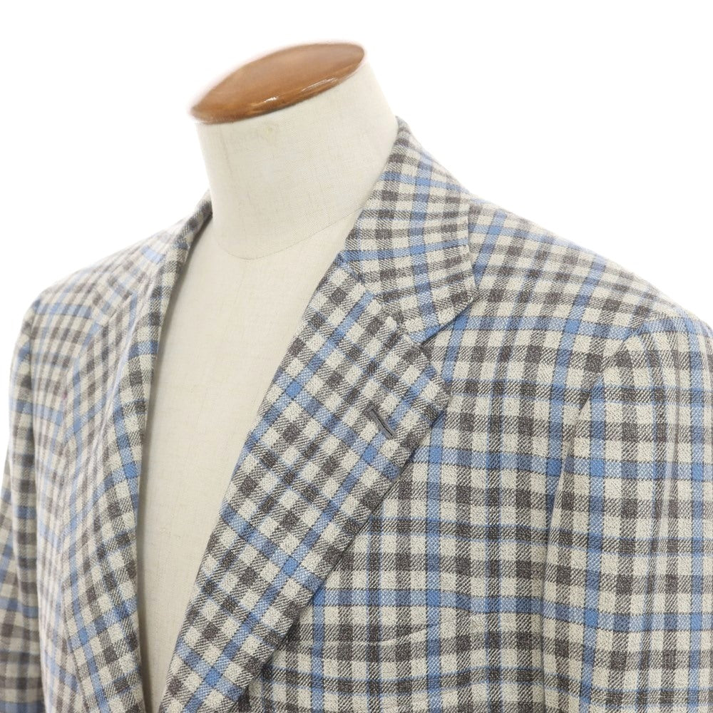 [Used] Kiton Cashmere Linen Silk Check Tailored Jacket Oatmeal x Gray x Light Blue [48 Drop7R] [Condition Rank A] [Men&