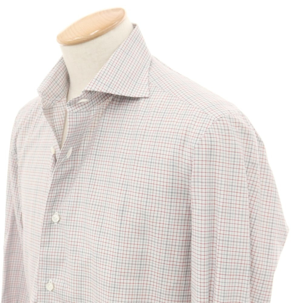 [Used] ISAIA Cotton Check Horizontal Collar Dress Shirt White x Gray x Dark Red [38] [Condition Rank B] ​​[Men&