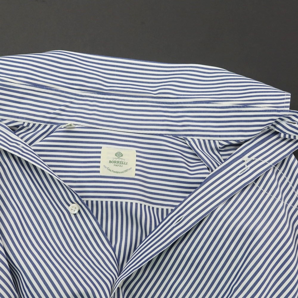 [Used] Luigi Borrelli Cotton Striped Button-down Dress Shirt White x Navy [39] [Condition Rank D] [Men&