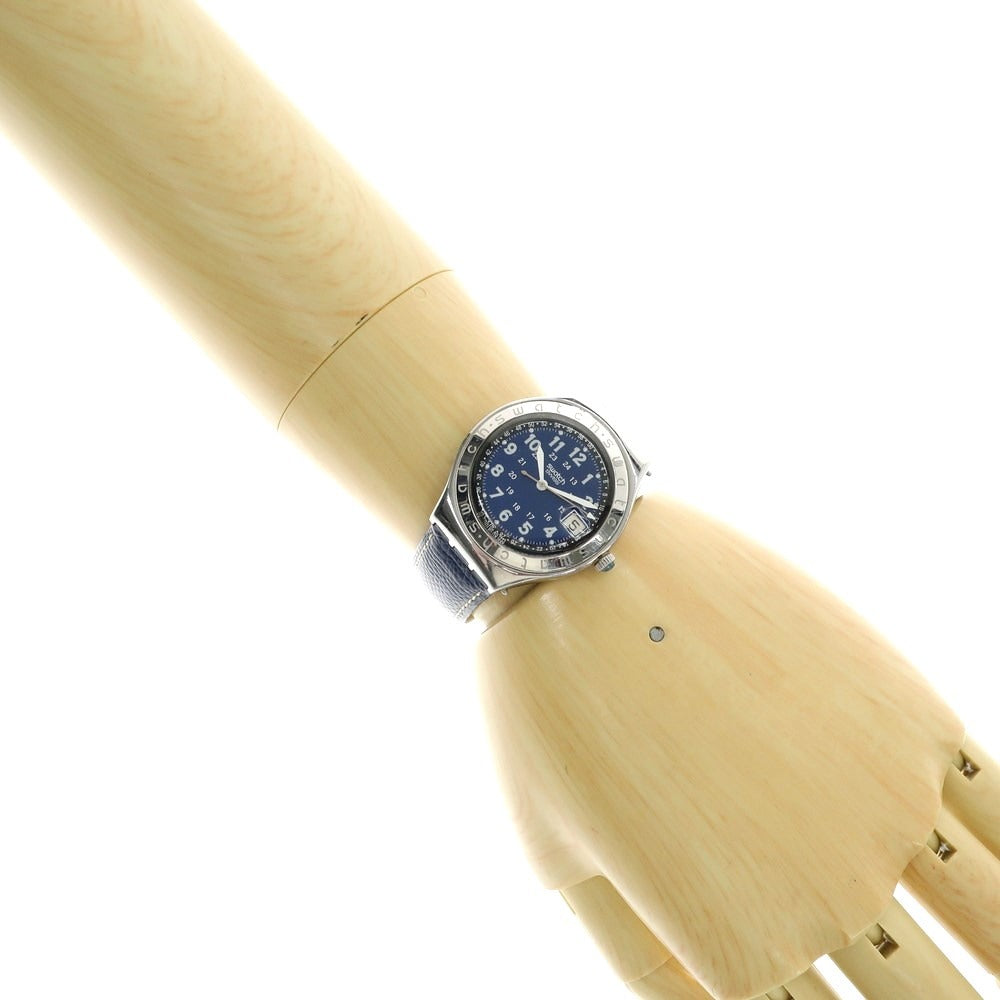 【中古】スウォッチ Swatch ステンレス レザーバンド デイトカレンダー 腕時計 シルバーxネイビー【 状態ランクB 】【 メンズ 】