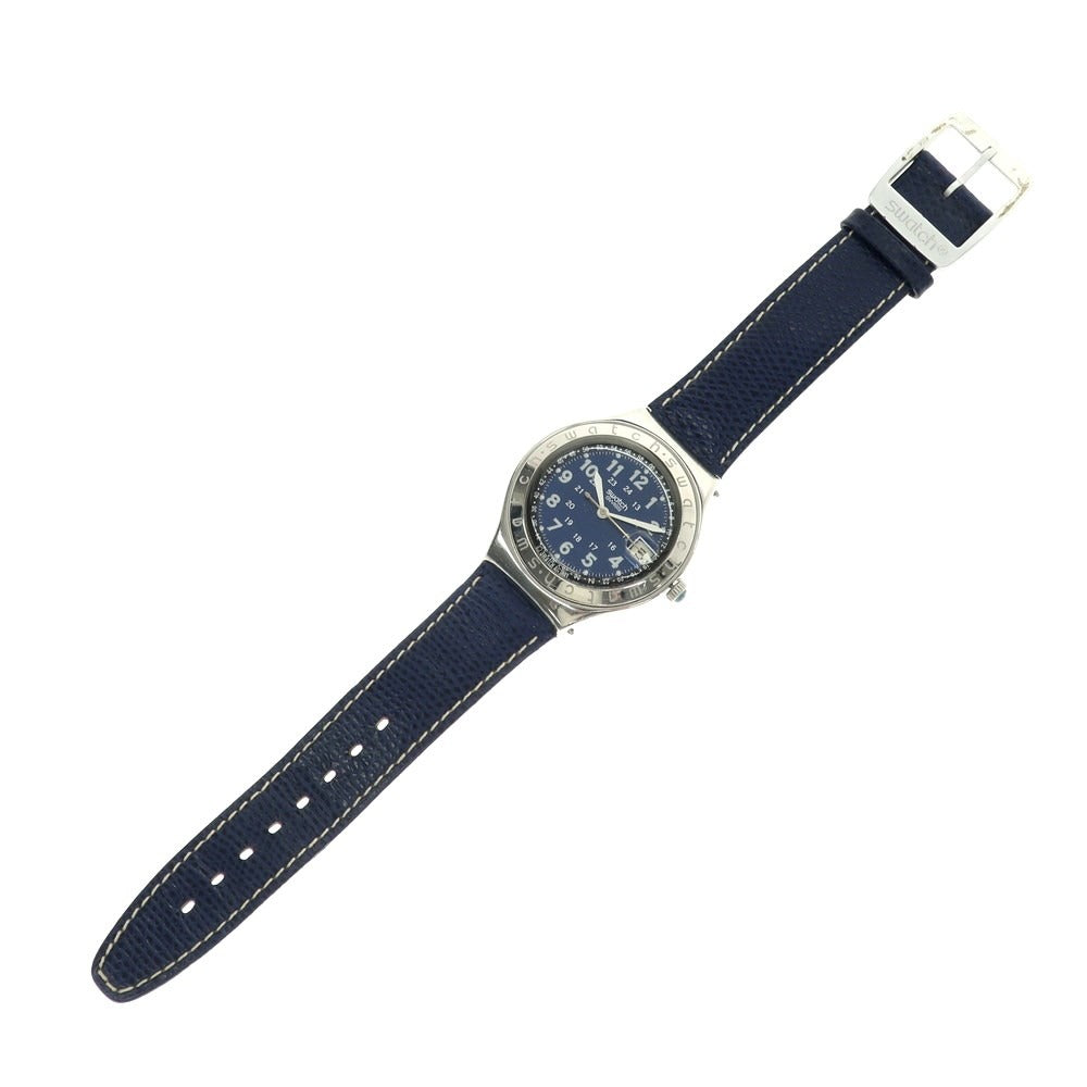 【中古】スウォッチ Swatch ステンレス レザーバンド デイトカレンダー 腕時計 シルバーxネイビー【 状態ランクB 】【 メンズ 】