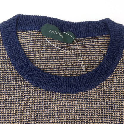 【新品】ザノーネ ZANONE リネン クルーネック 半袖 プルオーバーニット ベージュxネイビー【 44 】【 状態ランクN 】【 メンズ 】
