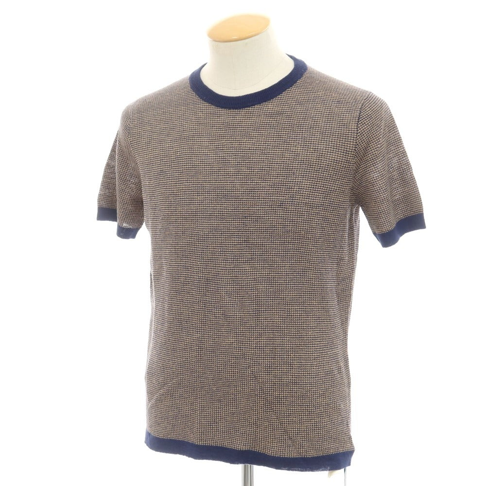 【新品】ザノーネ ZANONE リネン クルーネック 半袖 プルオーバーニット ベージュxネイビー【 44 】【 状態ランクN 】【 メンズ 】