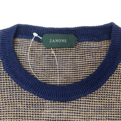 【新品】ザノーネ ZANONE リネン クルーネック 半袖 プルオーバーニット ベージュxネイビー【 50 】【 状態ランクN 】【 メンズ 】