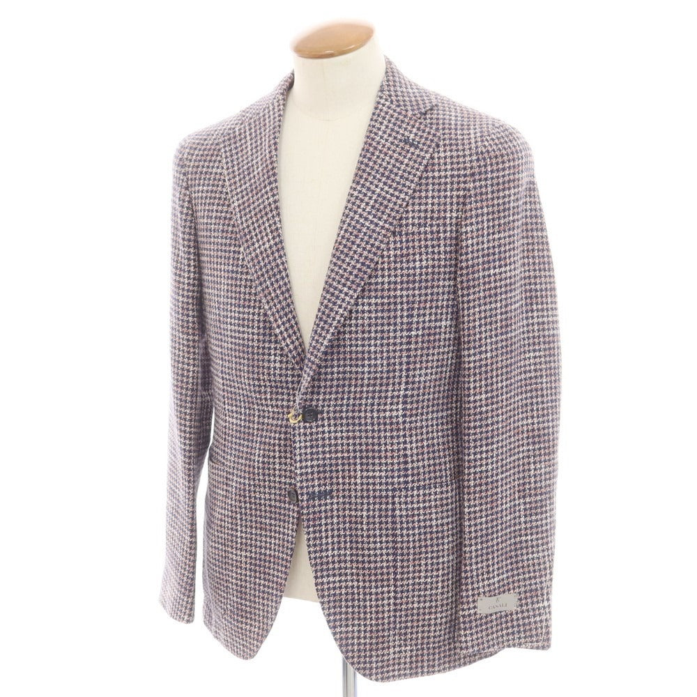 【新品】カナーリ CANALI コットンリネンウール ハウンドトゥース テーラードジャケット ネイビーxレッド【 48 】【 状態ランクN 】【 メンズ 】