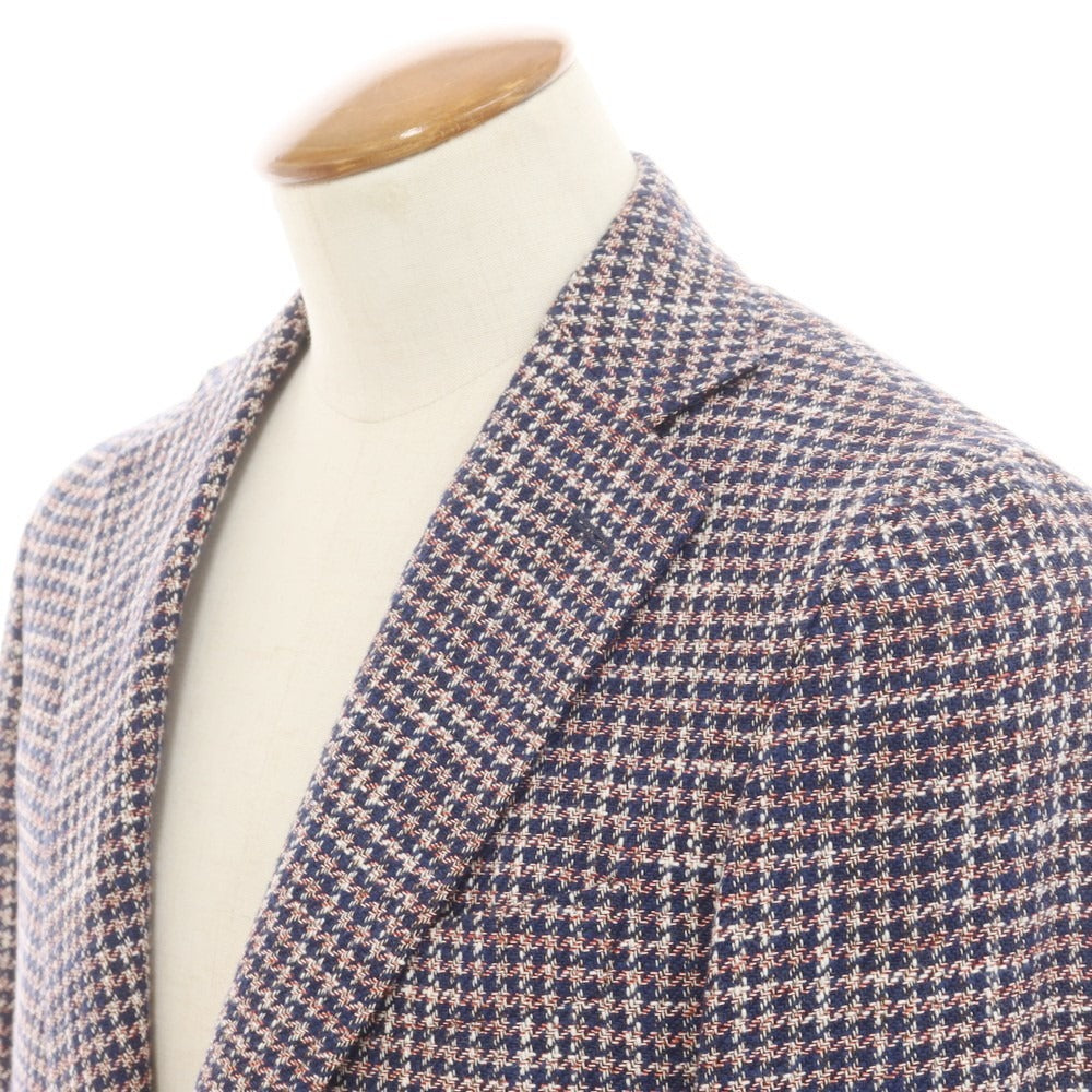 【新品】カナーリ CANALI コットンリネンウール ハウンドトゥース テーラードジャケット ネイビーxレッド【 48 】【 状態ランクN 】【 メンズ 】