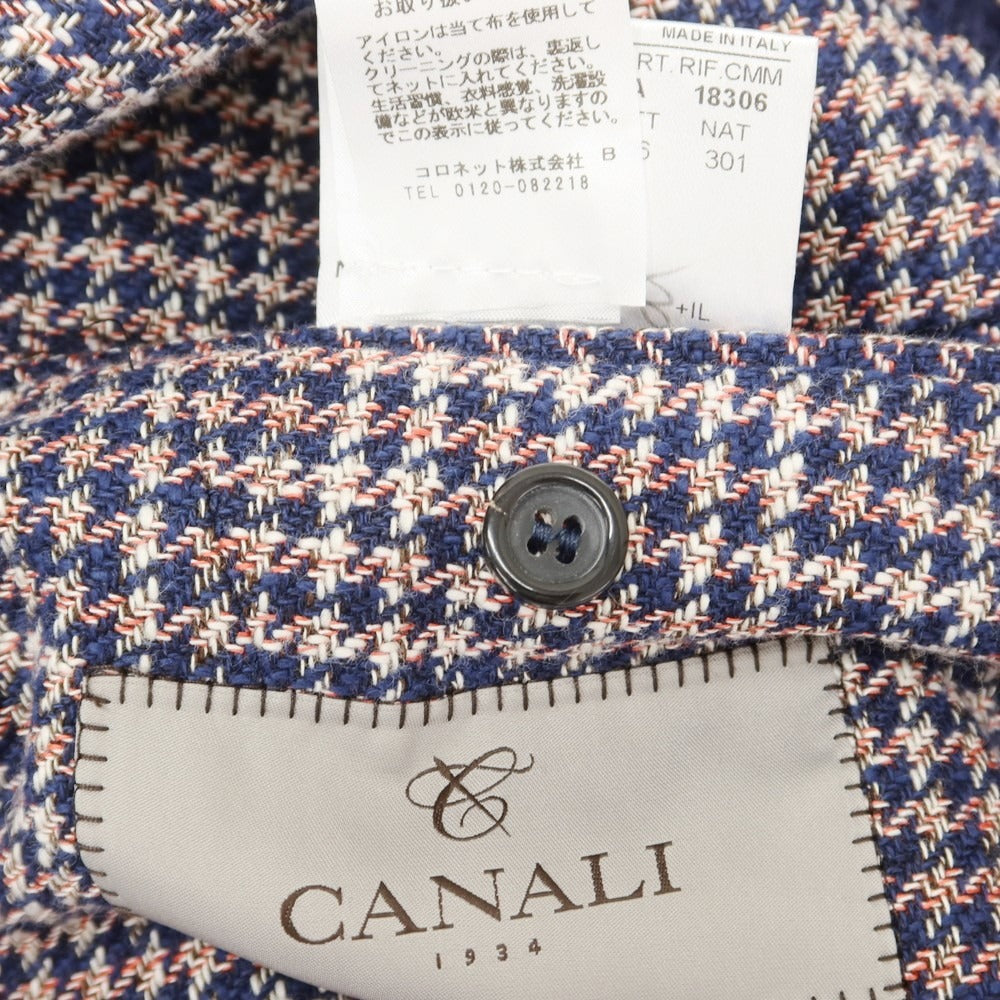 【新品】カナーリ CANALI コットンリネンウール ハウンドトゥース テーラードジャケット ネイビーxレッド【 48 】【 状態ランクN 】【 メンズ 】