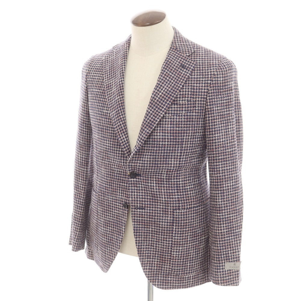 【新品】カナーリ CANALI コットンリネンウール ハウンドトゥース テーラードジャケット ネイビーxレッド【 50 】【 状態ランクN 】【 メンズ 】