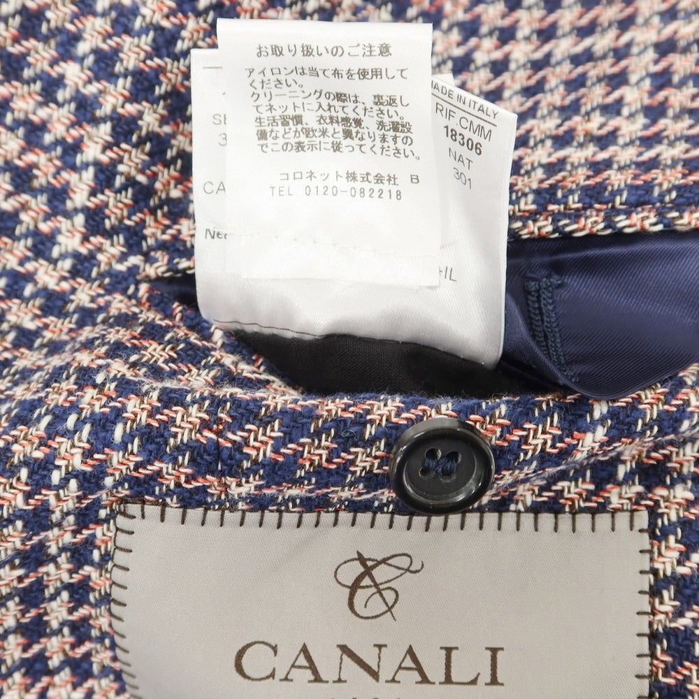 【新品】カナーリ CANALI コットンリネンウール ハウンドトゥース テーラードジャケット ネイビーxレッド【 50 】【 状態ランクN 】【 メンズ 】