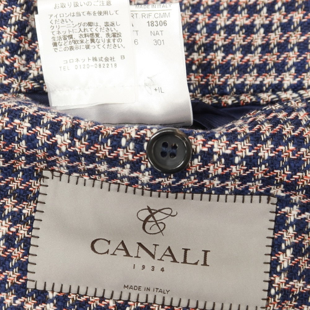 【新品】カナーリ CANALI コットンリネンウール ハウンドトゥース テーラードジャケット ネイビーxレッド【 52 】【 状態ランクN 】【 メンズ 】