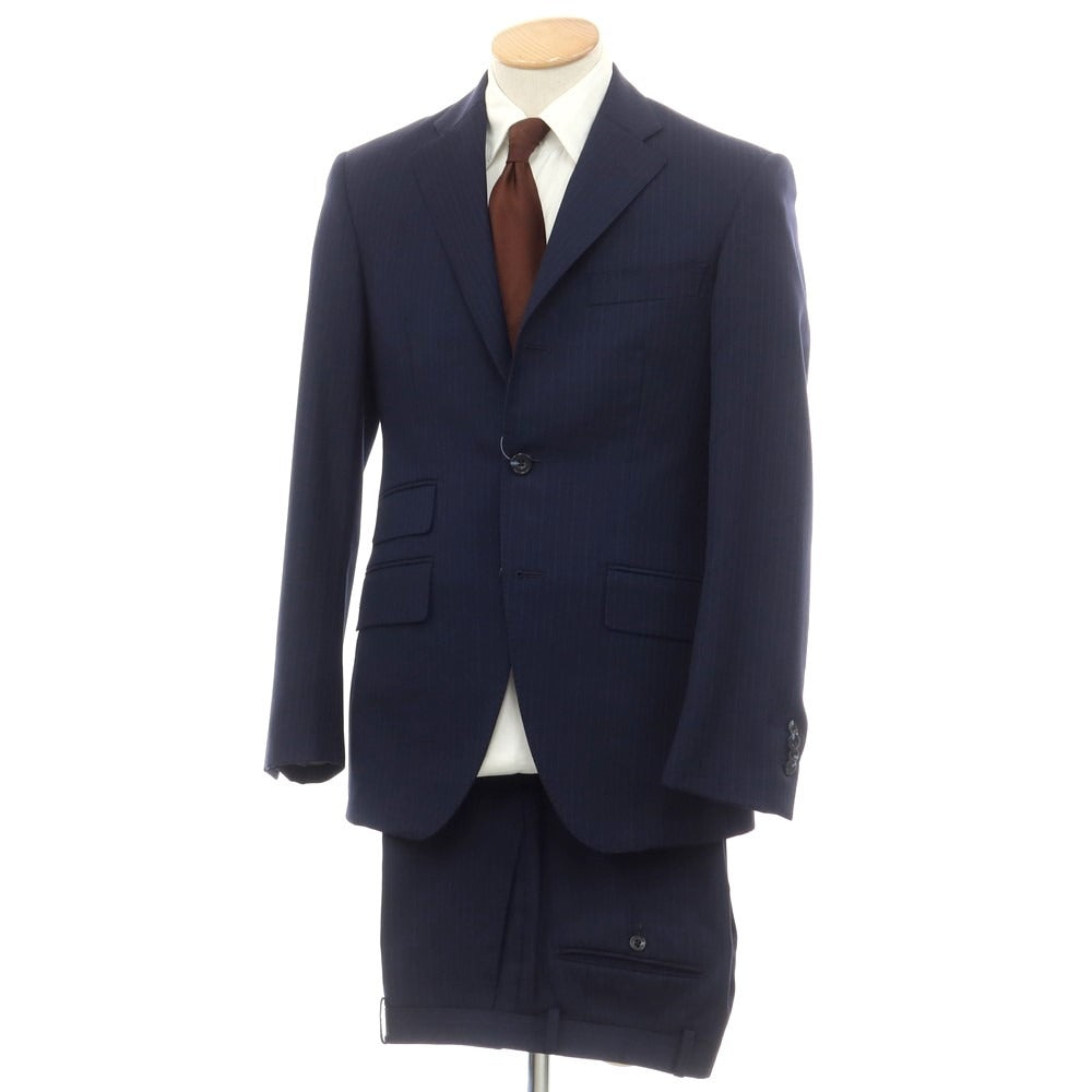 【中古】アザブテーラー azabu tailor ウール ピンストライプ 3つボタンスーツ ネイビーxブルー【 44/82 】【 状態ランクD 】【 メンズ 】