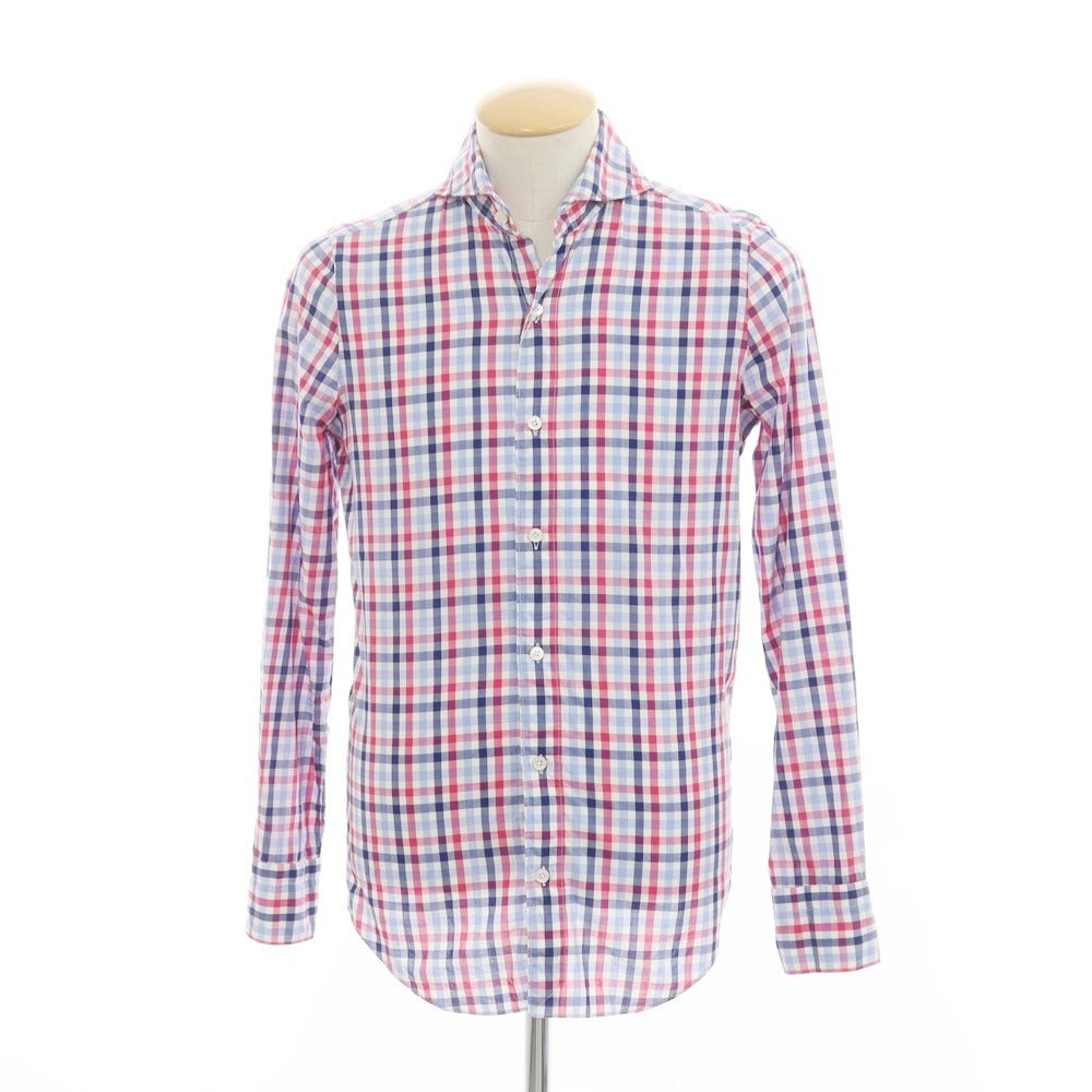 [Used] Finamore Cotton Check Horizontal Collar Shirt Light Blue x Pink [37] [Condition Rank D] [Men&