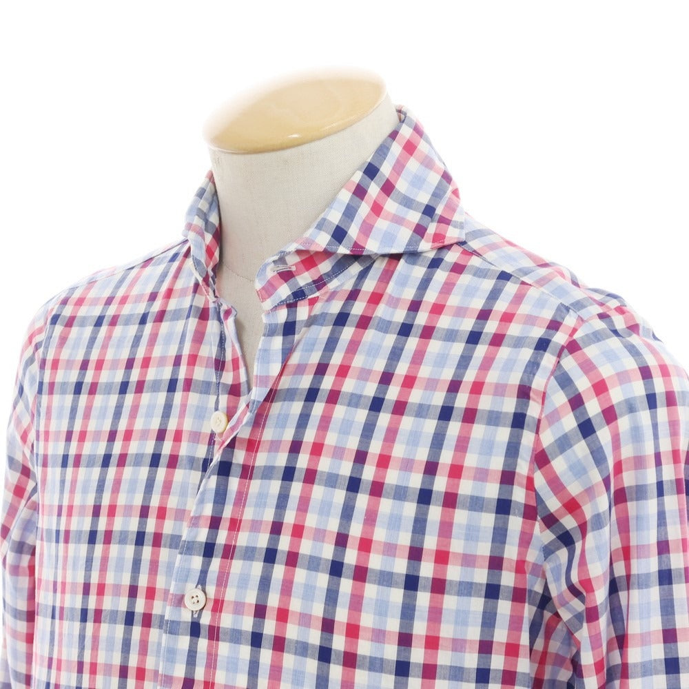 [Used] Finamore Cotton Check Horizontal Collar Shirt Light Blue x Pink [37] [Condition Rank D] [Men&