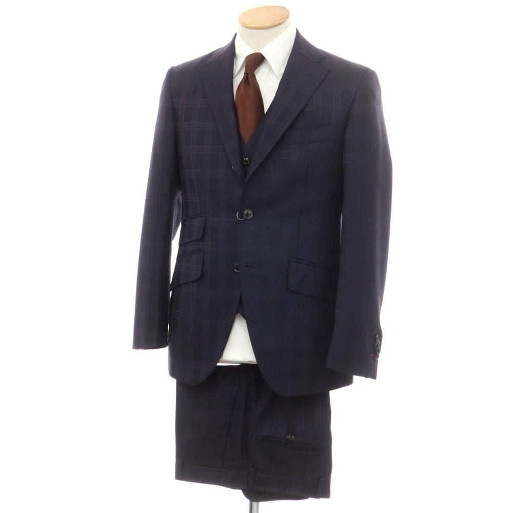 【中古】アザブテーラー azabu tailor スリーピース ウール チェック 3つボタンスーツ ネイビー【 44/46/82 】【 状態ランクC 】【 メンズ 】