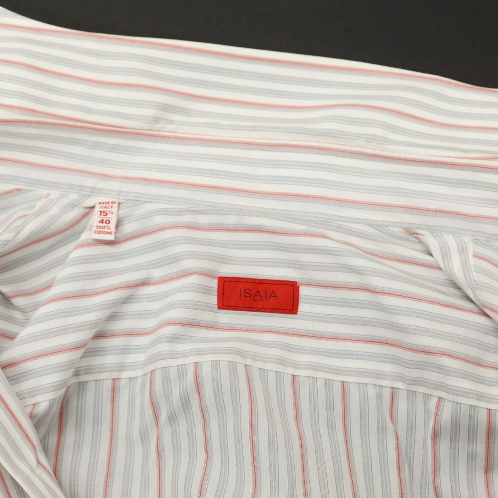 【中古】イザイア ISAIA コットン ストライプ ワイドカラー ドレスシャツ ホワイトxライトグレー×レッド【 40 】【 状態ランクC 】【 メンズ 】